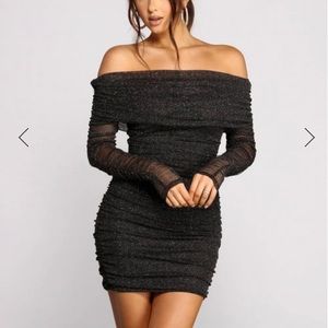 BRAND NEW: Shimmer Nights Off the Shoulder Glitter Mini Dress